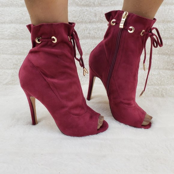 Burgundy Wine Red Drawstring Open Toe High Heel Ankle Boots - Picture 10 of 10
